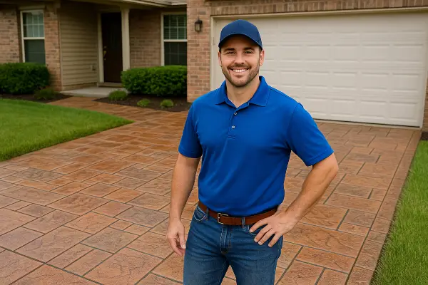 a concrete contractor smiling at the camera with stamped concrete behind him from Mr. Concrete Construction San Antonio in Boerne, TX - Boerne TX a concrete contractor smiling at the camera with stamped concrete behind him from Mr. Concrete Construction San Antonio in Boerne, TX - Boerne TX
