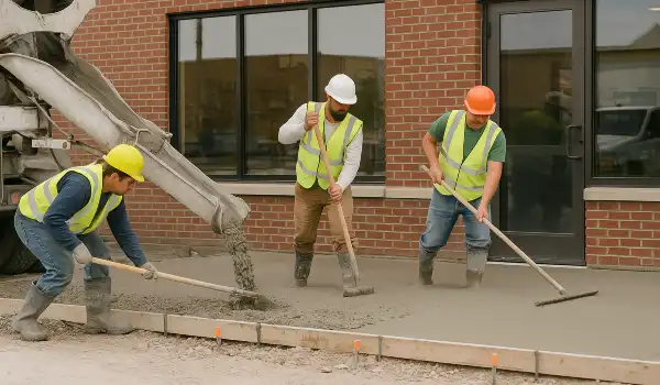3 concrete contractors spreading concrete on the ground for a sidewalk from Mr. Concrete Construction San Antonio in San Antonio, TX - Concrete Footing Services