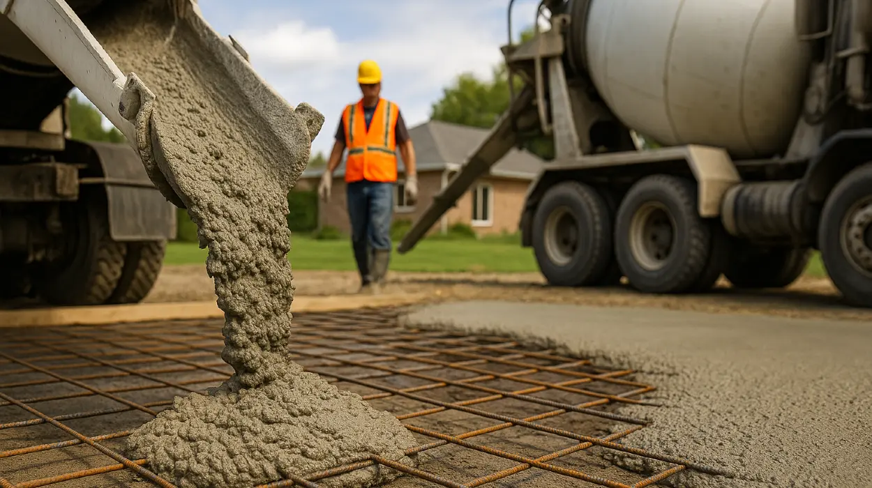Cement truck pouring cement on a rebared ground from Mr. Concrete Construction San Antonio in San Antonio, TX - Concrete Parking Lot Building
