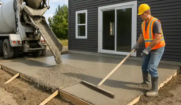 a man spreading the cement a truck is pouring to build a patio from Mr. Concrete Construction San Antonio in San Antonio, TX - Concrete Resurfacing