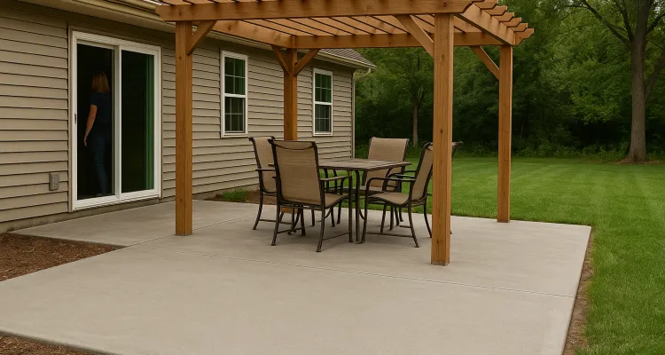 a concrete patio with a pergola from Mr. Concrete Construction San Antonio in San Antonio, TX - Concrete slab for new sheds