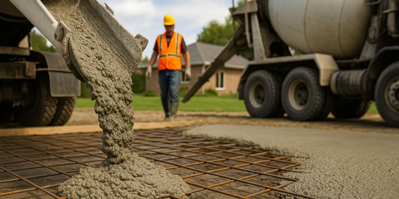 Cement truck pouring cement on a rebared ground from Mr. Concrete Construction San Antonio in Fair Oaks Ranch, TX - Fair Oaks Ranch TX Cement truck pouring cement on a rebared ground from Mr. Concrete Construction San Antonio in Fair Oaks Ranch, TX - Fair Oaks Ranch TX