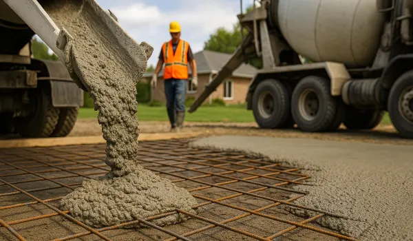 Cement truck pouring cement on a rebared ground from Mr. Concrete Construction San Antonio in Fair Oaks Ranch, TX - Fair Oaks Ranch TX