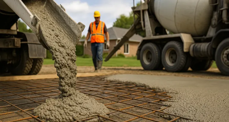 Cement truck pouring cement on a rebared ground from Mr. Concrete Construction San Antonio in Fair Oaks Ranch, TX - Fair Oaks Ranch TX