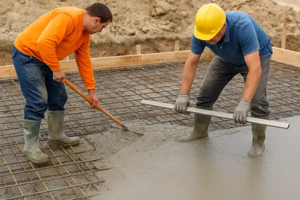2 workers spreading fresh cement on a rebared ground from Mr. Concrete Construction San Antonio in San Antonio, TX - Garage Concrete Floors 2 workers spreading fresh cement on a rebared ground from Mr. Concrete Construction San Antonio in San Antonio, TX - Garage Concrete Floors