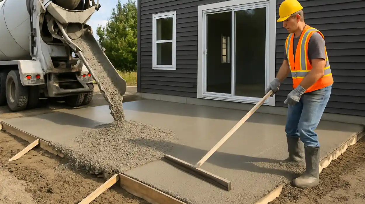 a man spreading the cement a truck is pouring to build a patio from Mr. Concrete Construction San Antonio in Seguin, TX - Seguin TX
