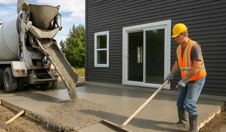 a man spreading the cement a truck is pouring to build a patio from Mr. Concrete Construction San Antonio in Seguin, TX - Seguin TX