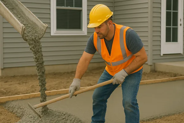 a man spreading the cement that a truck is pouring on the ground from Mr. Concrete Construction San Antonio in San Antonio, TX - Stamped concrete work a man spreading the cement that a truck is pouring on the ground from Mr. Concrete Construction San Antonio in San Antonio, TX - Stamped concrete work